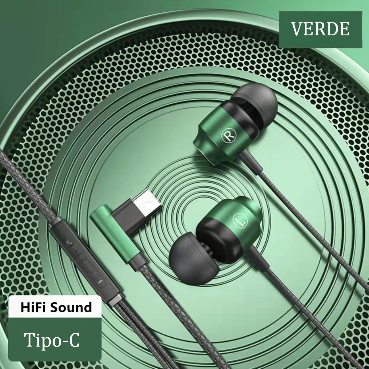 Audífonos manos libres tipo C magnéticos cable L juego Metal verde HiFi teléfono micrófono gamer.
