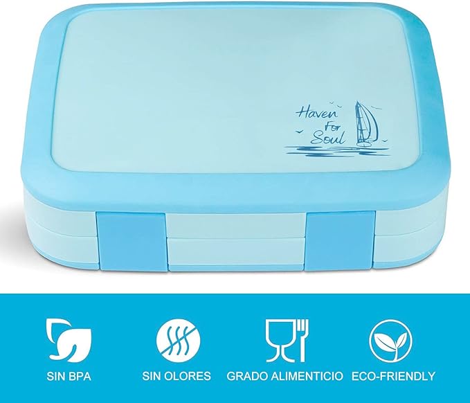 Hisemy, Bento Box（800ml）,Caja de Almuerzo de Estudiante,，caja de Bento 4 Compartimentos ，sin BPA,Con Bolsa del Almuerzo、cuchara、200ml de Contenedores，para Niños y Adultos（Azul）.