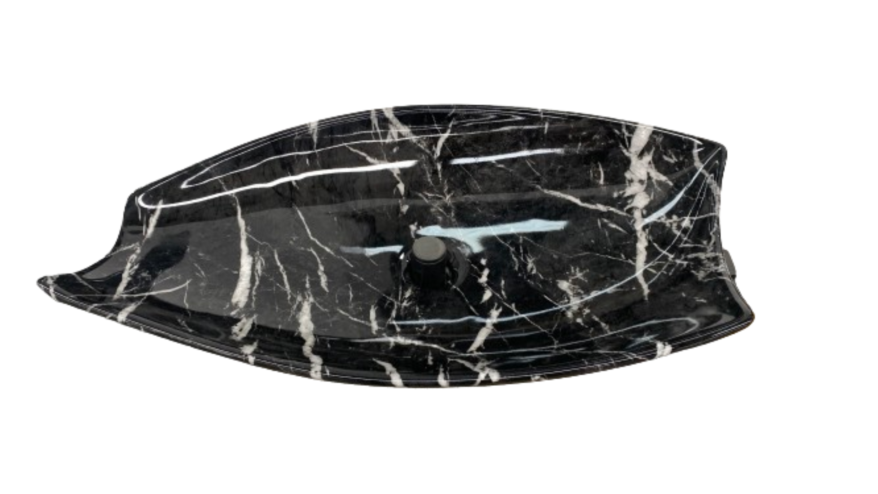 Lavabo Cerámico de Sobreponer HON, forma irregular, en color negro marquina con decorado efecto imitación mármol. De sobreponer con diseño europeo ideal para todo tipo de baños. Dimensiones 720x380x125 mm