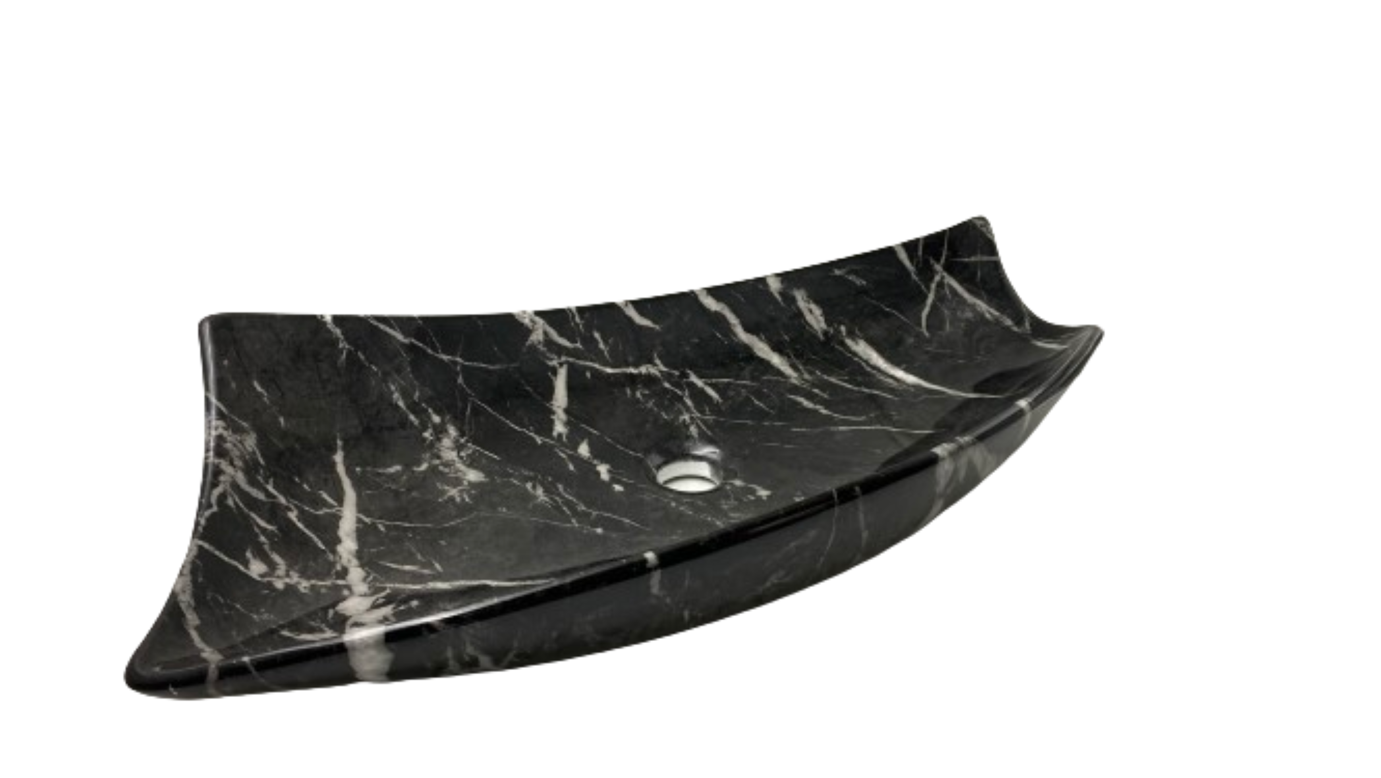 Lavabo Cerámico de Sobreponer HON, forma irregular, en color negro marquina con decorado efecto imitación mármol. De sobreponer con diseño europeo ideal para todo tipo de baños. Dimensiones 720x380x125 mm