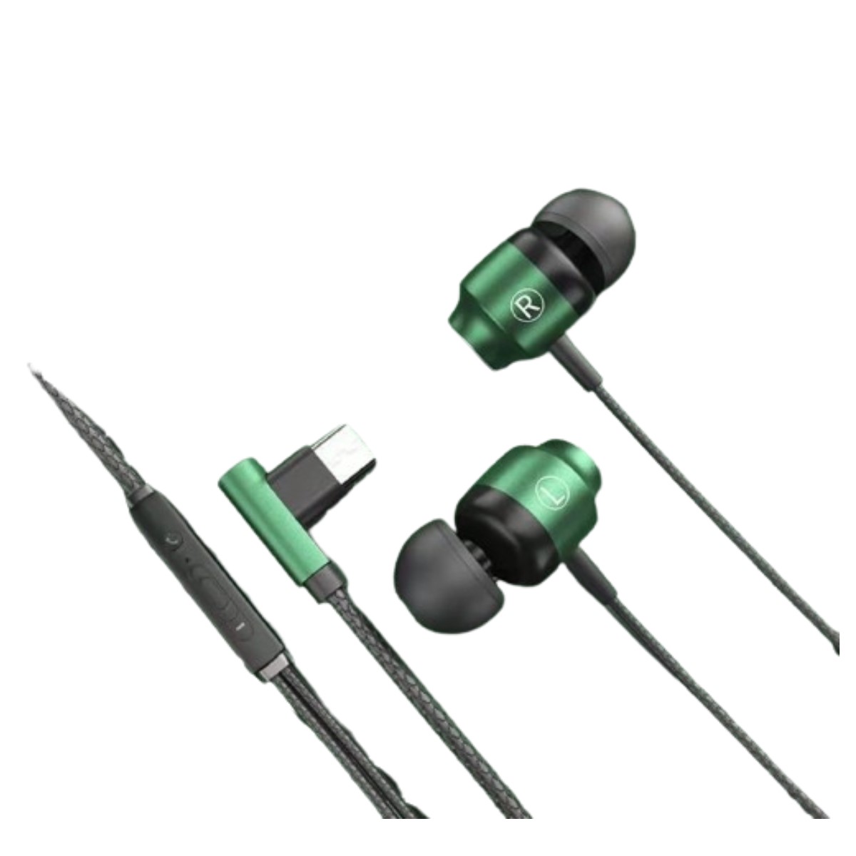 Audífonos manos libres tipo C magnéticos cable L juego Metal verde HiFi teléfono micrófono gamer.
