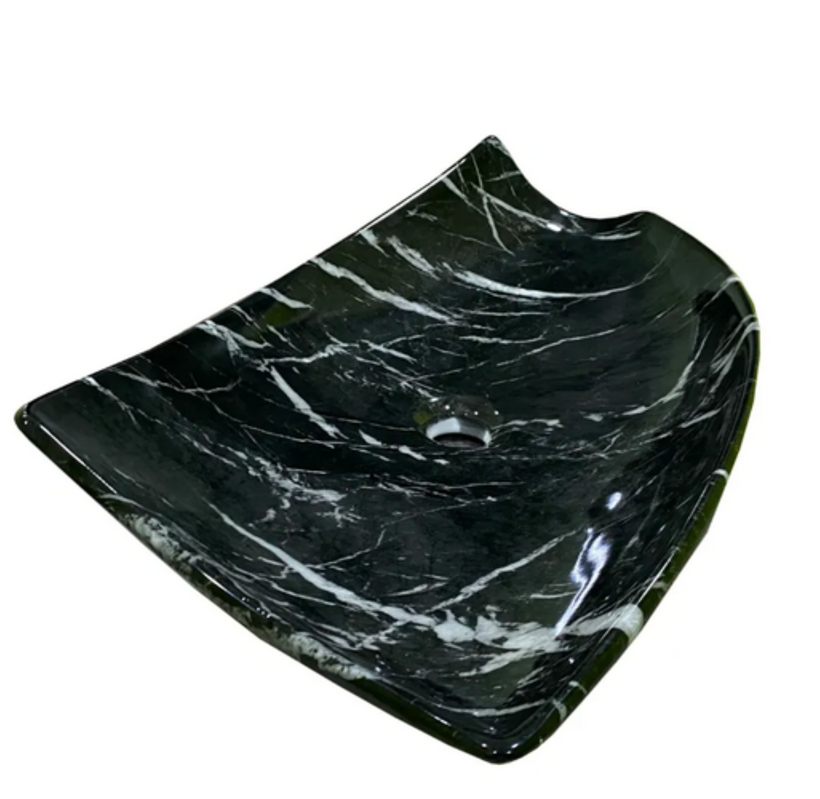 Lavabo Cerámico de Sobreponer HON, forma irregular, en color negro marquina con decorado efecto imitación mármol. De sobreponer con diseño europeo ideal para todo tipo de baños. Dimensiones 720x380x125 mm