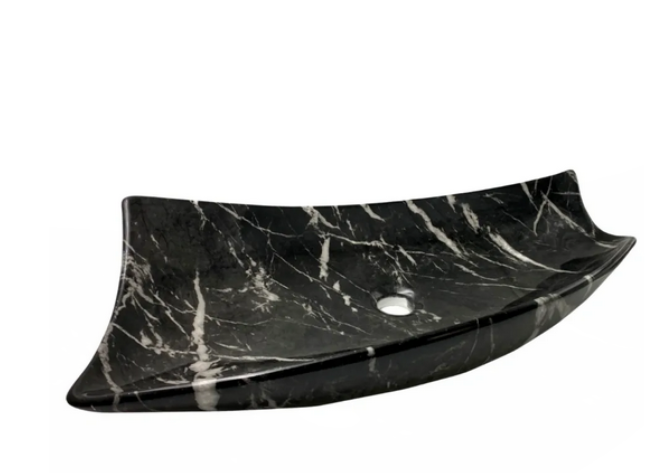 Lavabo Cerámico de Sobreponer HON, forma irregular, en color negro marquina con decorado efecto imitación mármol. De sobreponer con diseño europeo ideal para todo tipo de baños. Dimensiones 720x380x125 mm