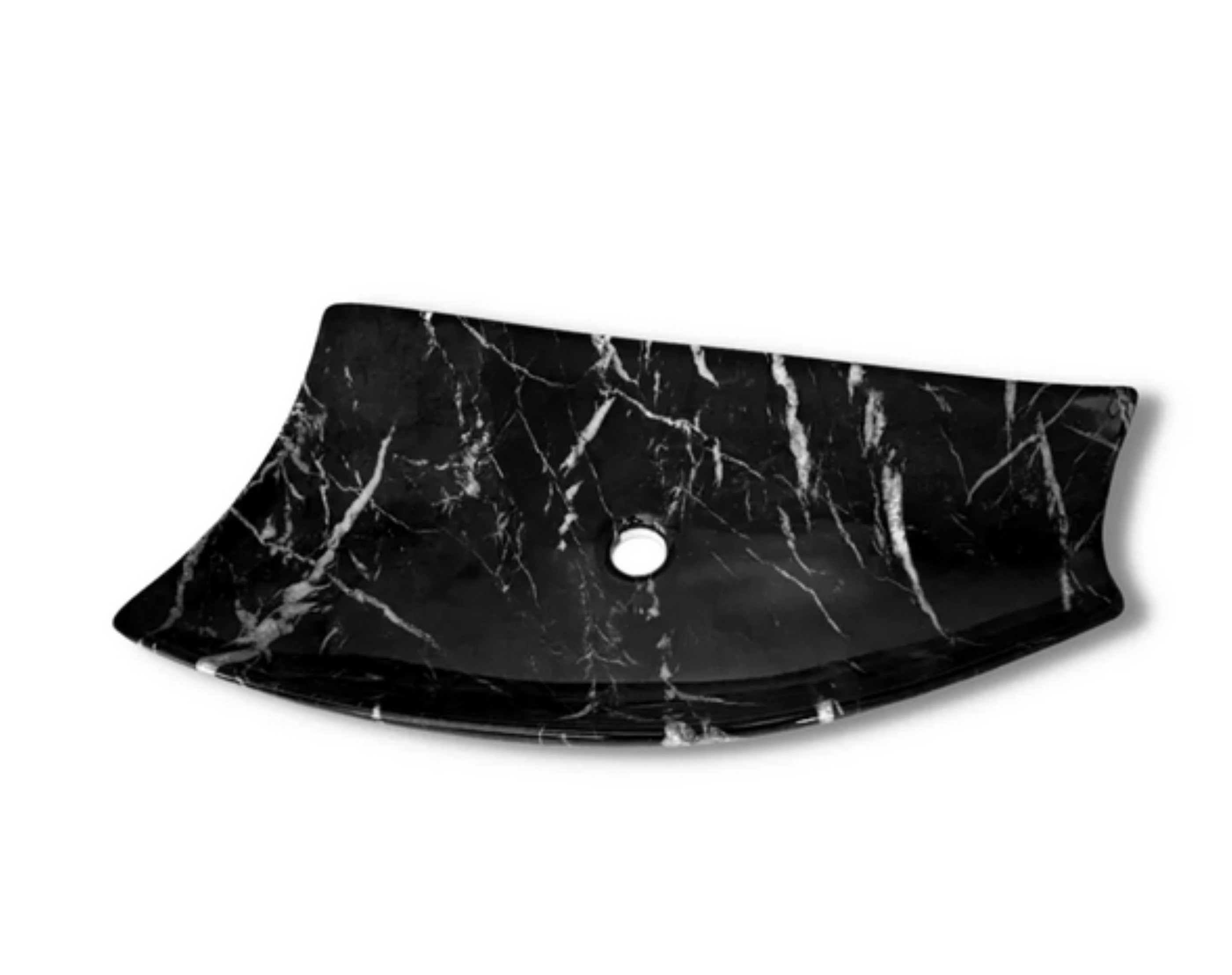 Lavabo Cerámico de Sobreponer HON, forma irregular, en color negro marquina con decorado efecto imitación mármol. De sobreponer con diseño europeo ideal para todo tipo de baños. Dimensiones 720x380x125 mm