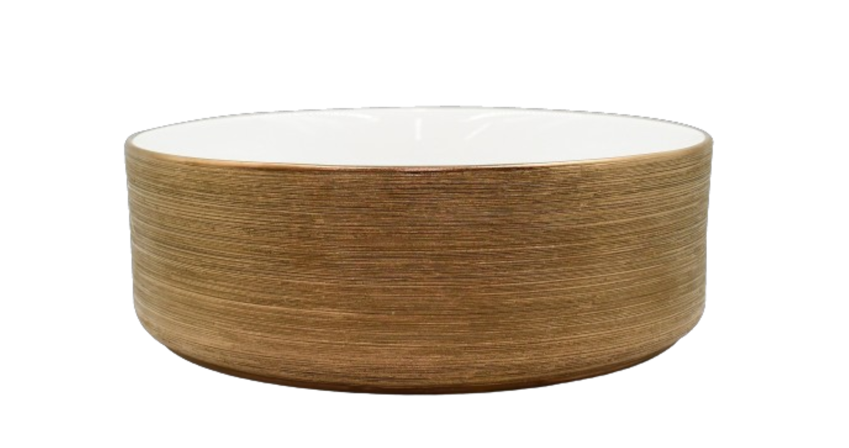 Lavabo Cerámico para Baño KRA, forma circular en color cobre, acabado con líneas horizontales. De sobreponer, con diseño europeo ideal para todo tipo de baños. Dimensiones 36.0 x 36.0 x 12.5 cms. (base x altura x profundidad).