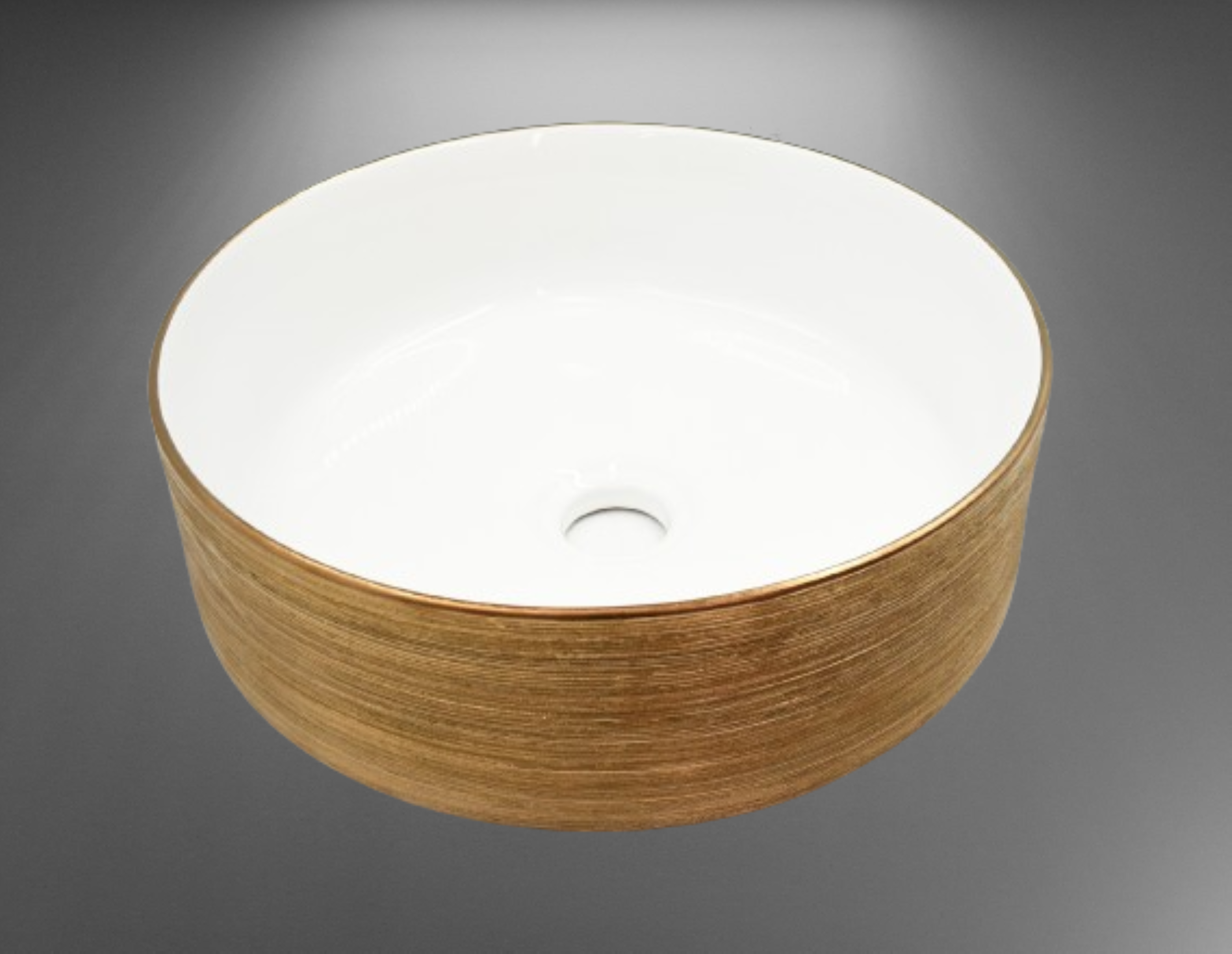 Lavabo Cerámico para Baño KRA, forma circular en color cobre, acabado con líneas horizontales. De sobreponer, con diseño europeo ideal para todo tipo de baños. Dimensiones 36.0 x 36.0 x 12.5 cms. (base x altura x profundidad).