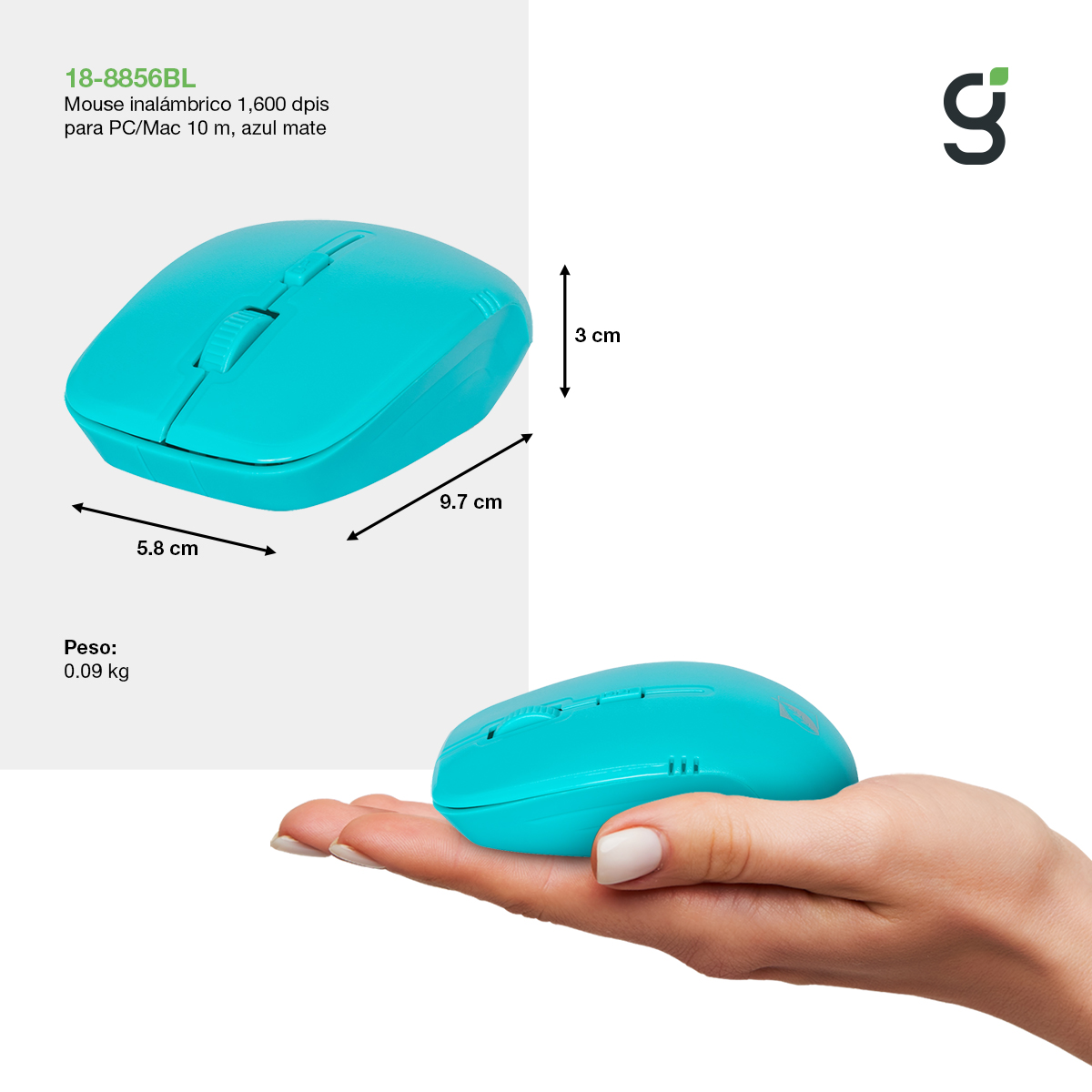 Mouse Óptico Inalámbrico Green Leaf 1600 DPIs color azul 18-8856BL.