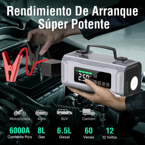 Arrancador De Batería Portátil De Auto Inflador Rápido 6000a.