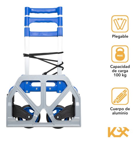 Diablito De Carga Extensible Carrito Plegable 100kg Kingsman Base de Aluminio Antideslizante Cuerdas Elasticas Llantas Agarradera Ergonomica Manija Telescopica.
