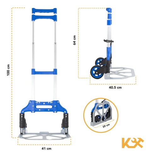 Diablito De Carga Extensible Carrito Plegable 100kg Kingsman Base de Aluminio Antideslizante Cuerdas Elasticas Llantas Agarradera Ergonomica Manija Telescopica.