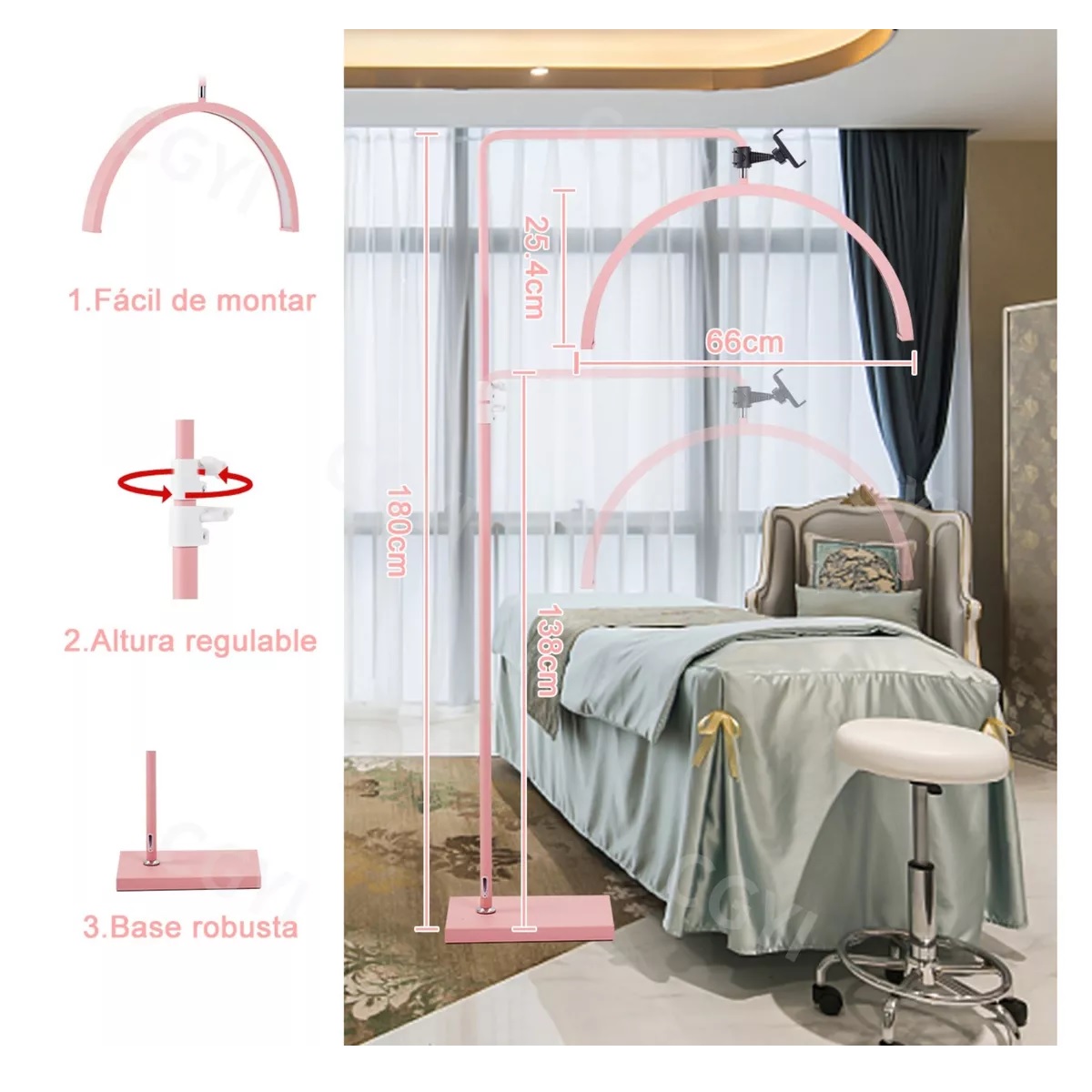 Lámpara Para Pestañas Spa Ajustable 1.35-1.8m 40w 3000-6000k Rosa.