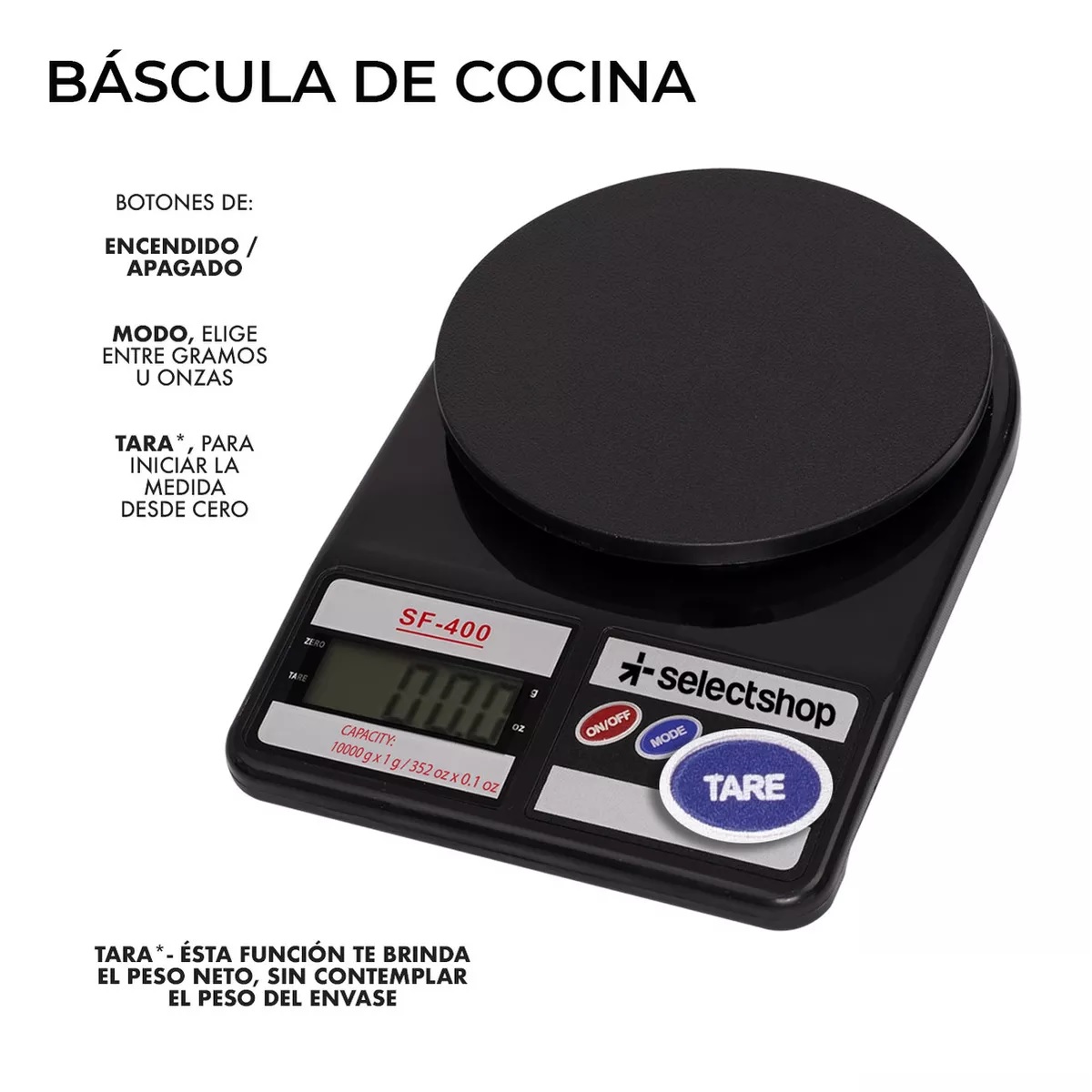 Báscula Cocina Digital Gramera Alimentos Alta Precisión 10kg Color Negro.