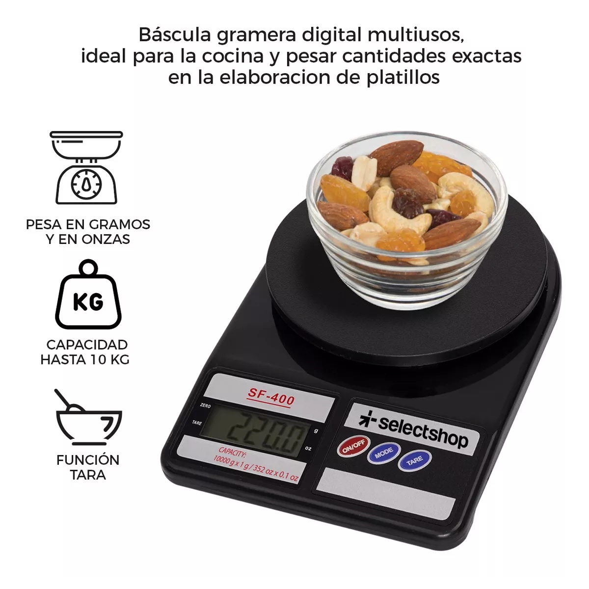 Báscula Cocina Digital Gramera Alimentos Alta Precisión 10kg Color Negro.