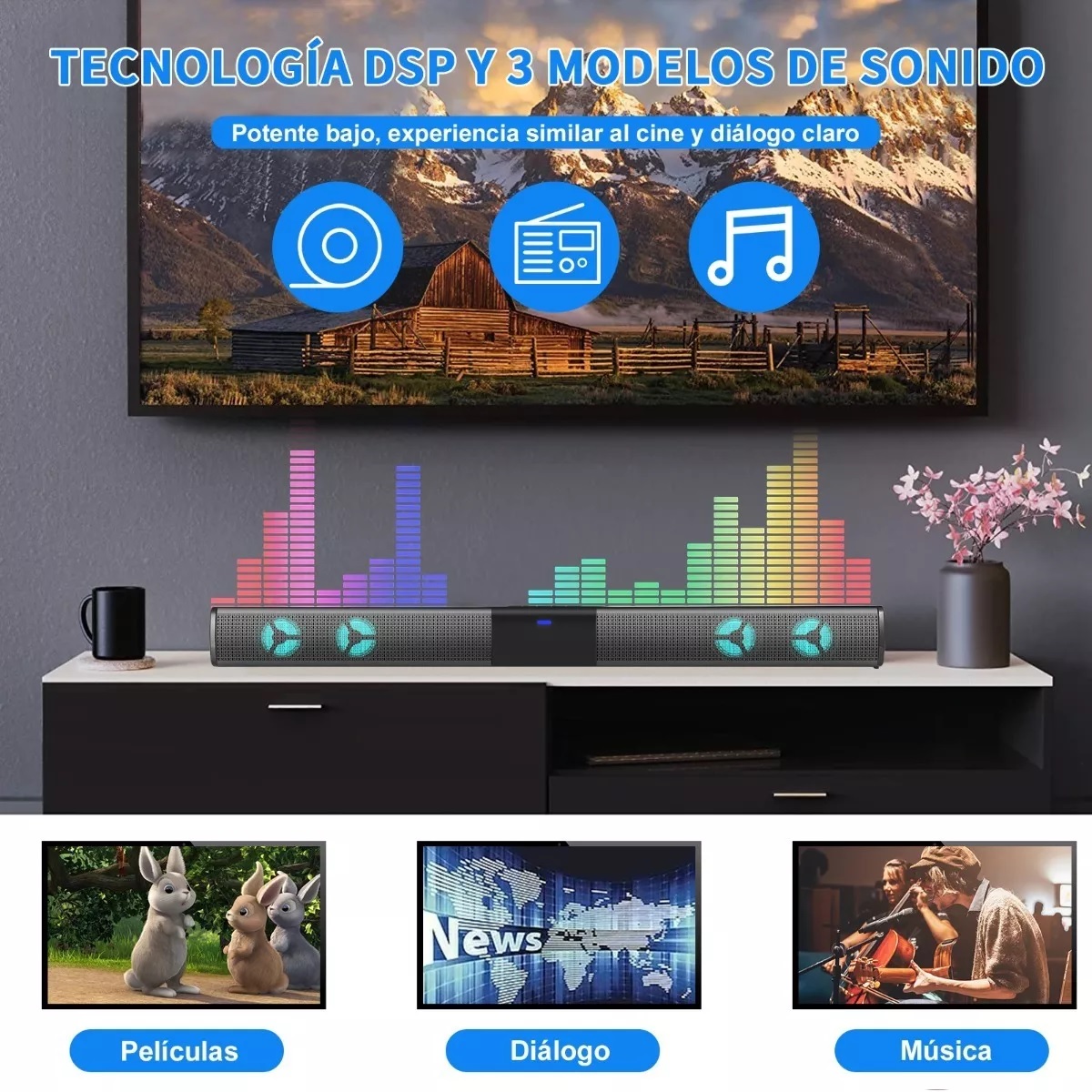 Bocina Para Tv Bluetooth Barra Sonido Pequeña Con Rgb Rca.