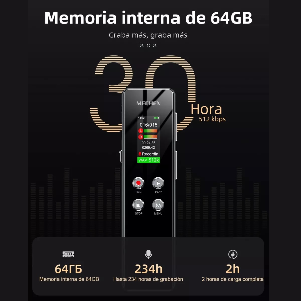 Grabadora De Voz Reducción Del Ruido Portatil Mp3 Hifi 64gb.