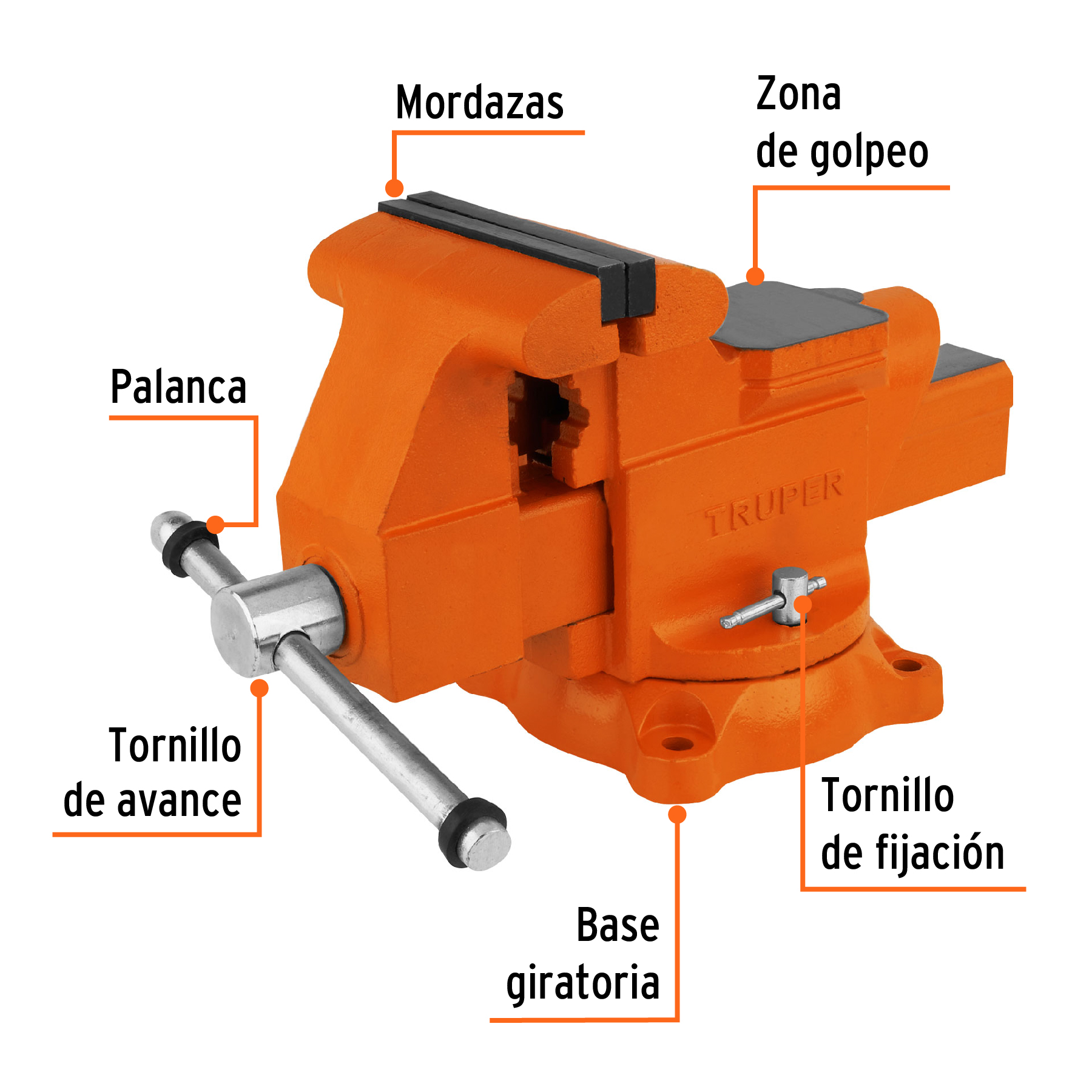 Tornillo de banco Truper 6 pul uso industrial de hierro nodular 18594 naranja