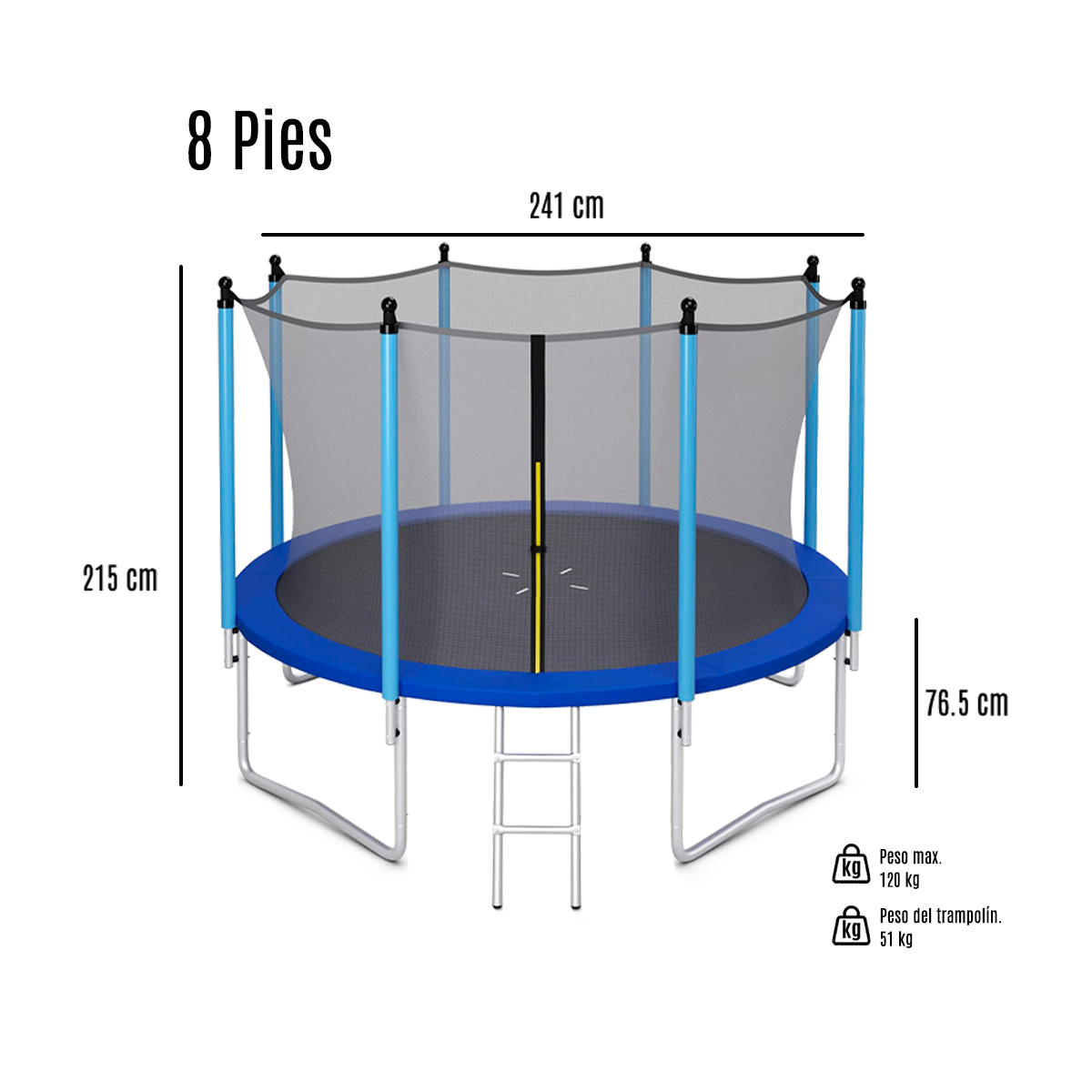Trampolín 8FT Azul Pies Recto.