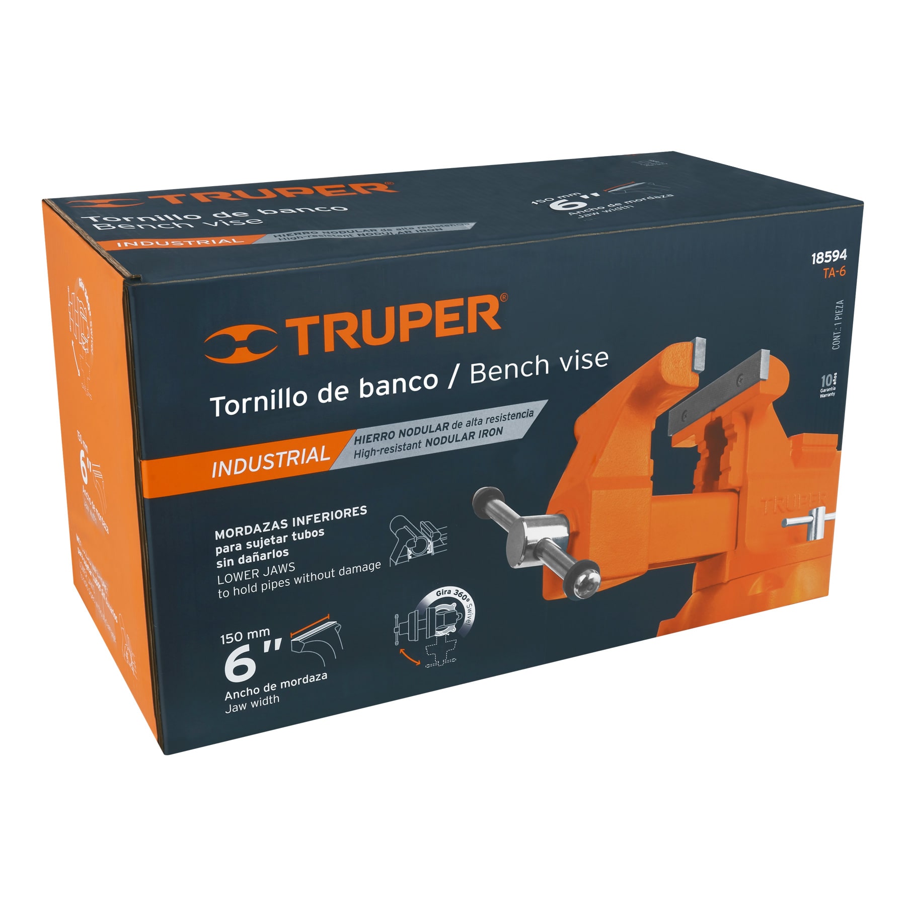 Tornillo de banco Truper 6 pul uso industrial de hierro nodular 18594 naranja