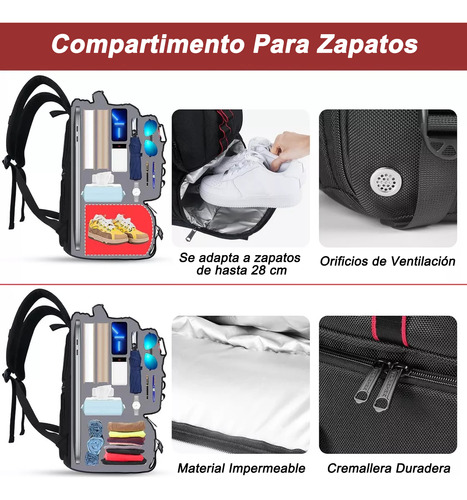 Mochila Gym Con Compartimento Para Zapatos de Viaje 50 L Para Hombre Y Mujer Mochila Para Laptop De 17 Pulgadas Color Negro