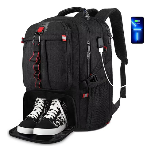 Mochila Gym Con Compartimento Para Zapatos de Viaje 50 L Para Hombre Y Mujer Mochila Para Laptop De 17 Pulgadas Color Negro.