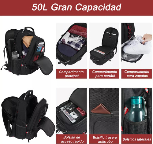 Mochila Gym Con Compartimento Para Zapatos de Viaje 50 L Para Hombre Y Mujer Mochila Para Laptop De 17 Pulgadas Color Negro.