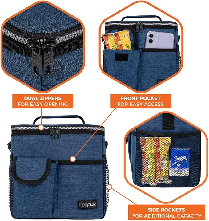 OPUX Lonchera grande aislada para hombres y mujeres, lonchera térmica a prueba de fugas, enfriadora de trabajo, oficina, escuela, bolsa de almuerzo suave reutilizable con correa para el hombro, kit de lonchera para adultos, 18 latas, azul marino.