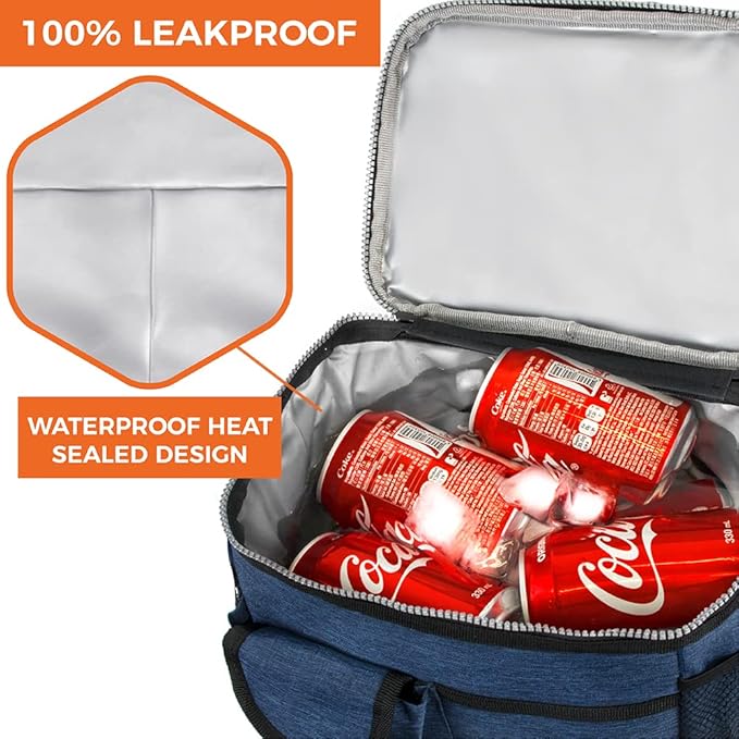 OPUX Lonchera grande aislada para hombres y mujeres, lonchera térmica a prueba de fugas, enfriadora de trabajo, oficina, escuela, bolsa de almuerzo suave reutilizable con correa para el hombro, kit de lonchera para adultos, 18 latas, azul marino.