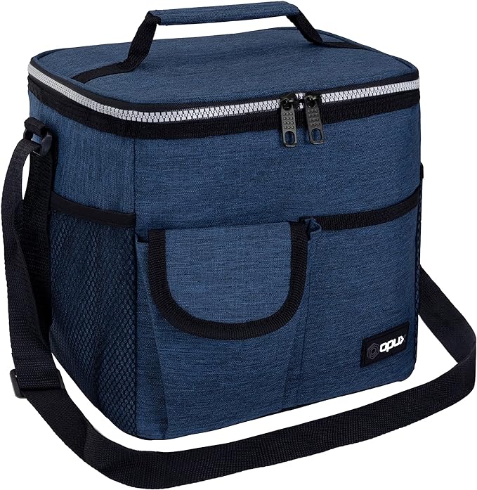 OPUX Lonchera grande aislada para hombres y mujeres, lonchera térmica a prueba de fugas, enfriadora de trabajo, oficina, escuela, bolsa de almuerzo suave reutilizable con correa para el hombro, kit de lonchera para adultos, 18 latas, azul marino.