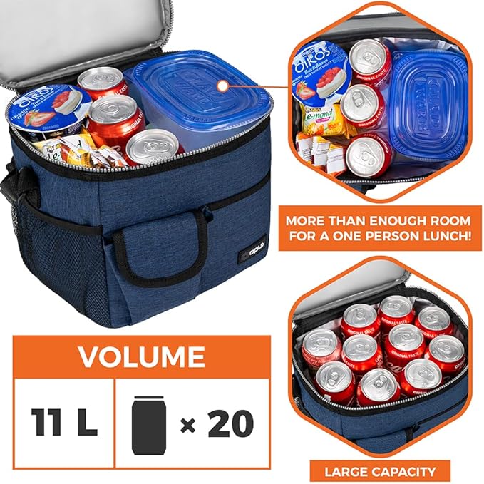OPUX Lonchera grande aislada para hombres y mujeres, lonchera térmica a prueba de fugas, enfriadora de trabajo, oficina, escuela, bolsa de almuerzo suave reutilizable con correa para el hombro, kit de lonchera para adultos, 18 latas, azul marino.