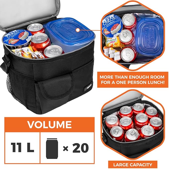 OPUX Lonchera grande aislada para hombres y mujeres, lonchera térmica a prueba de fugas, enfriadora de trabajo, oficina, escuela, bolsa de almuerzo suave reutilizable con correa para el hombro, kit de lonchera para adultos, 18 latas, color negro.