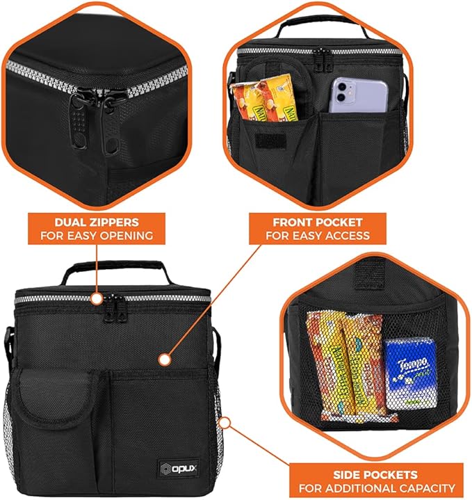 OPUX Lonchera grande aislada para hombres y mujeres, lonchera térmica a prueba de fugas, enfriadora de trabajo, oficina, escuela, bolsa de almuerzo suave reutilizable con correa para el hombro, kit de lonchera para adultos, 18 latas, color negro.