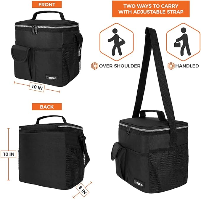 OPUX Lonchera grande aislada para hombres y mujeres, lonchera térmica a prueba de fugas, enfriadora de trabajo, oficina, escuela, bolsa de almuerzo suave reutilizable con correa para el hombro, kit de lonchera para adultos, 18 latas, color negro.