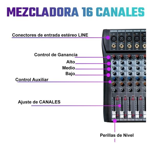 Mezcladora Mixer 16 Canales Bluetooth Usb Sonido Estudio 