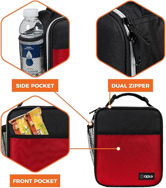 (Red) - Premium Thermal Insulated Mini Lunch Bag by OPUX Lunch Box For Boys, Girls, Kids, Adults, School, Office, Work Durable, Functional, Easy To Use Compact.