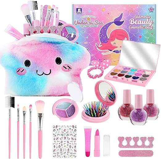 A Kit de Maquillaje para Niñas, Juguetes de Maquillaje Lavables para Niñas, Pinturas Niñas Maquillaje, Princesa Juego de Simulación con Bolsa de Felpa, Juguetes para Niñas para 5 A 9 años.