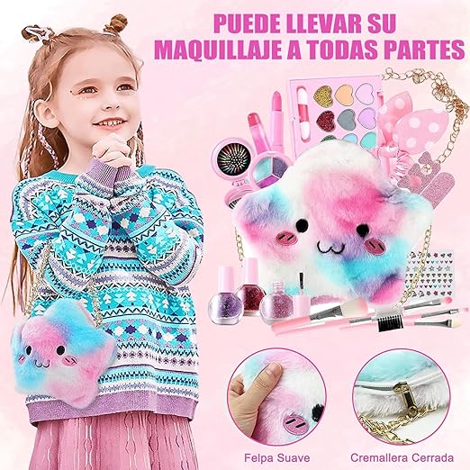 A Kit de Maquillaje para Niñas, Juguetes de Maquillaje Lavables para Niñas, Pinturas Niñas Maquillaje, Princesa Juego de Simulación con Bolsa de Felpa, Juguetes para Niñas para 5 A 9 años.