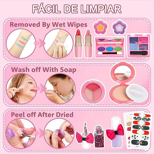 A Kit de Maquillaje para Niñas, Juguetes de Maquillaje Lavables para Niñas, Pinturas Niñas Maquillaje, Princesa Juego de Simulación con Bolsa de Felpa, Juguetes para Niñas para 5 A 9 años.