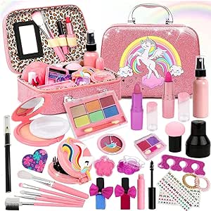 A Maquillaje para Niñas- 28 Piezas, Kit de Maquillaje Lavable para niñas,Princesa Juego de simulación No Tóxico, Set de Maquillaje para Niñas, Juego de Cosméticos de Juguete.