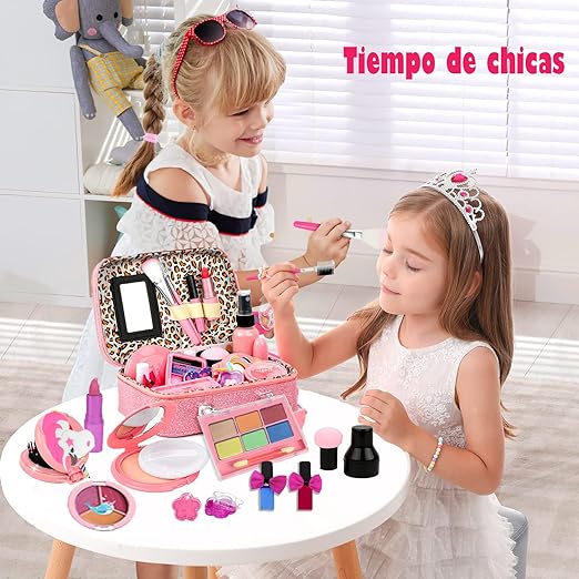 A Maquillaje para Niñas- 28 Piezas, Kit de Maquillaje Lavable para niñas,Princesa Juego de simulación No Tóxico, Set de Maquillaje para Niñas, Juego de Cosméticos de Juguete.