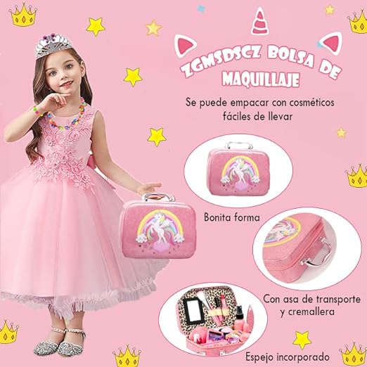 A Maquillaje para Niñas- 28 Piezas, Kit de Maquillaje Lavable para niñas,Princesa Juego de simulación No Tóxico, Set de Maquillaje para Niñas, Juego de Cosméticos de Juguete.