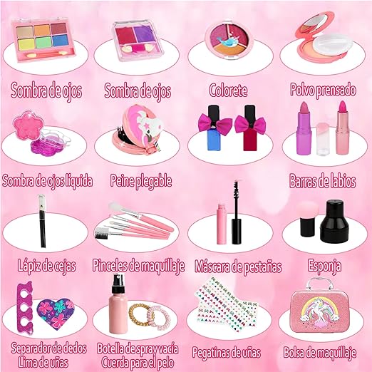 A Maquillaje para Niñas- 28 Piezas, Kit de Maquillaje Lavable para niñas,Princesa Juego de simulación No Tóxico, Set de Maquillaje para Niñas, Juego de Cosméticos de Juguete.