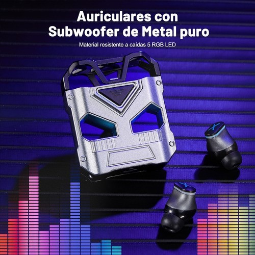 Audífonos in-ear gamer inalámbricos Novamos K89 Pro gris metalizado con luz rgb LED.