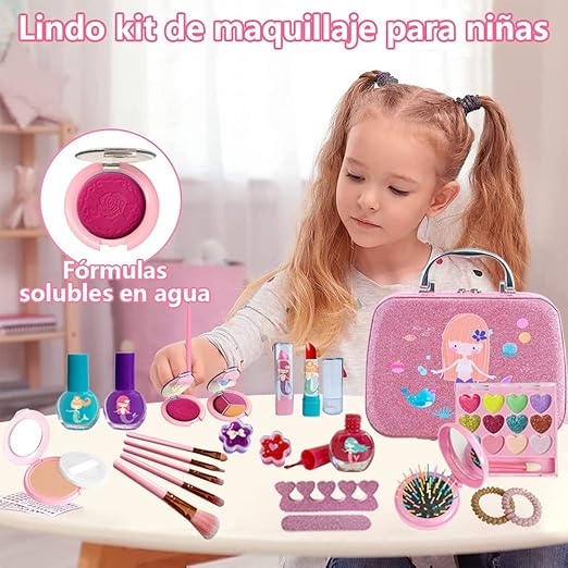 A Maquillaje para Niños, Juguetes de maquillaje lavables para niñas, Kit De Juguete De Maquillaje para Niñas, set de Maquillaje De Simulación Con Estuche de Sirena para Niños de 4-12 Años .