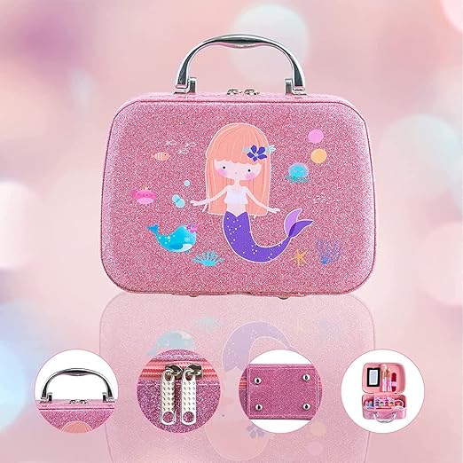 A Maquillaje para Niños, Juguetes de maquillaje lavables para niñas, Kit De Juguete De Maquillaje para Niñas, set de Maquillaje De Simulación Con Estuche de Sirena para Niños de 4-12 Años .