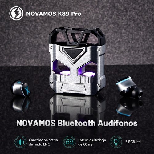 Audífonos in-ear gamer inalámbricos Novamos K89 Pro gris metalizado con luz rgb LED.