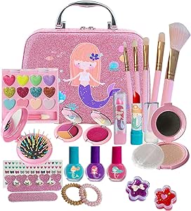 A Maquillaje para Niños, Juguetes de maquillaje lavables para niñas, Kit De Juguete De Maquillaje para Niñas, set de Maquillaje De Simulación Con Estuche de Sirena para Niños de 4-12 Años .
