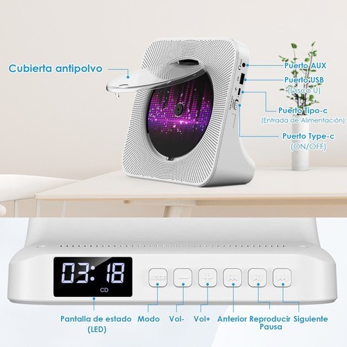 Reproductor De Cd Portátil Bluetooth Con Altavoces Música.
