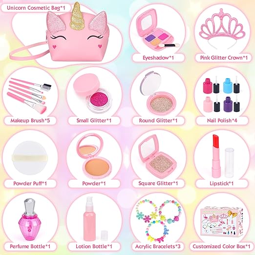 A EULRGAUS - Maquillaje para niños pequeños, kit de maquillaje para niñas, juego de maquillaje para niñas pequeñas, kit de maquillaje con bolsa de unicornio para niñas pequeñas.