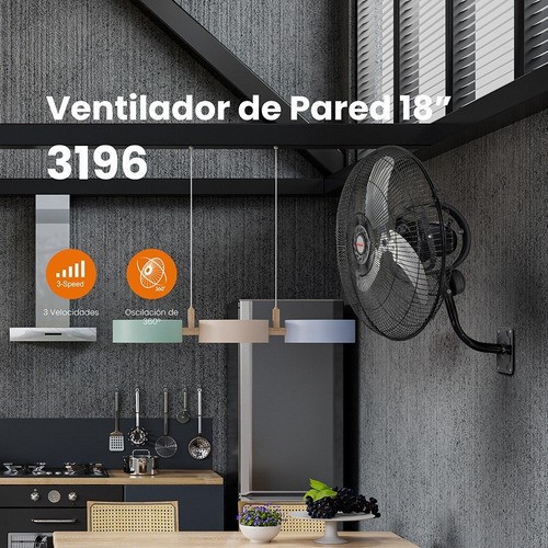 Ventilador Pared 18 Pulgadas Mytek 3196 Metálico/360° Oscil Estructura Negro Aspas Plateado.