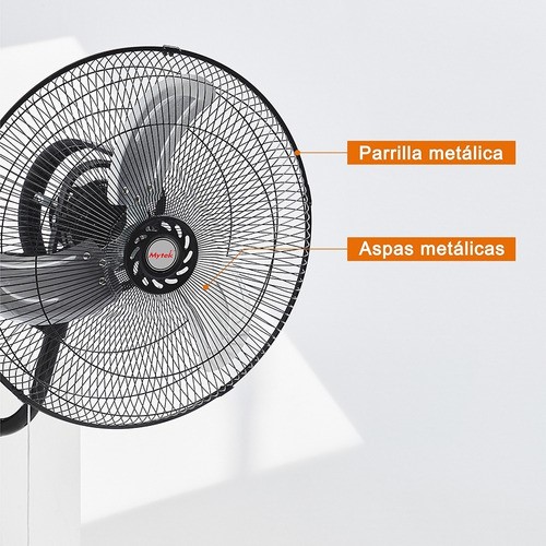 Ventilador Pared 18 Pulgadas Mytek 3196 Metálico/360° Oscil Estructura Negro Aspas Plateado.